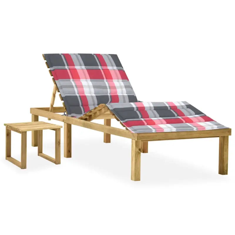 Houten loungebed met kussen en tafeltje voor een rustieke buitenruimte - Rood ruitpatroon / 1 - Ligstoelen