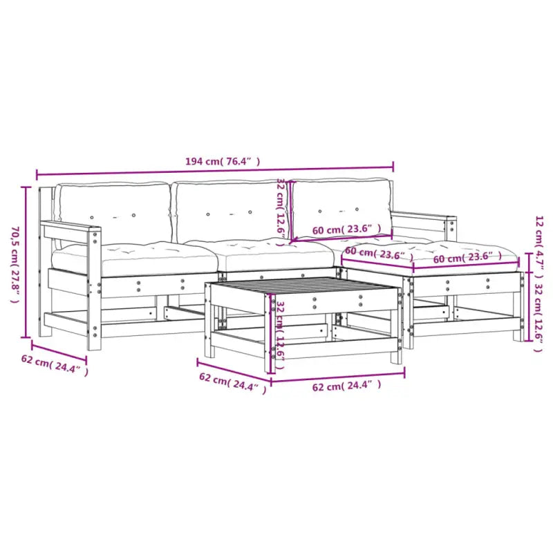 Houten loungeset met massief grenenhout en voetenbank voor in de tuin - Tuinsets
