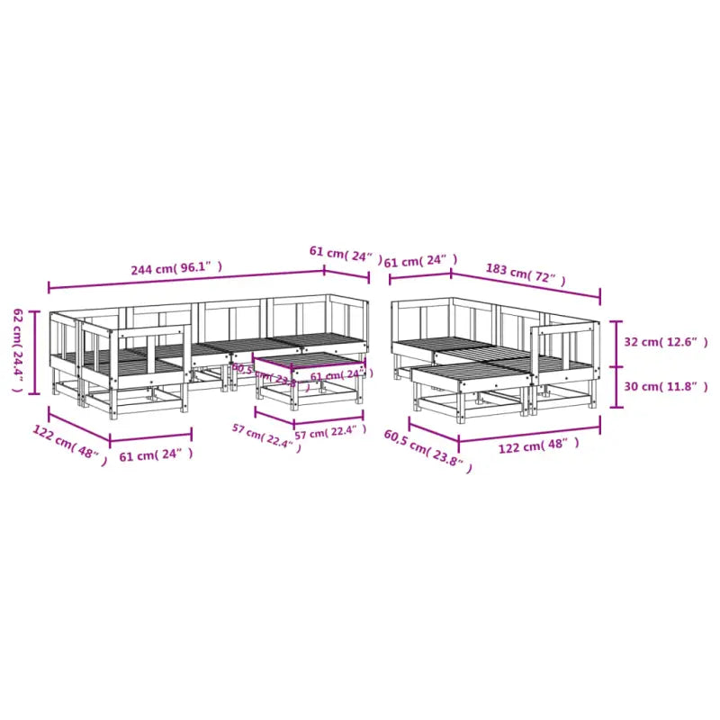 Houten loungeset met voetenbank en salontafel van geïmpregneerd grenenhout - Tuinsets