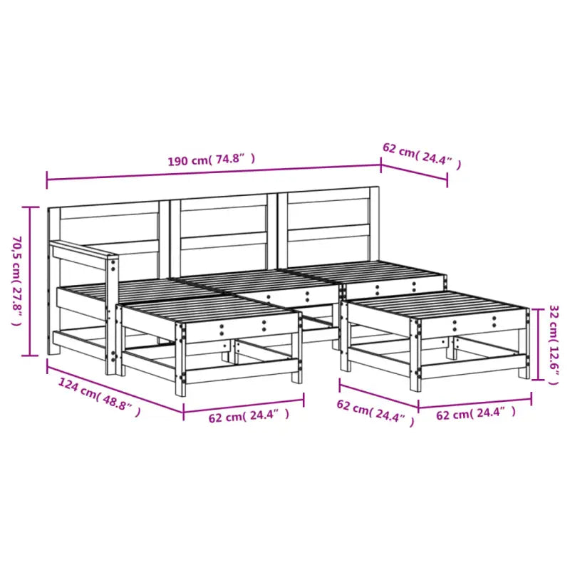 Houten loungeset met voetenbank en salontafel van massief grenenhout - Tuinsets
