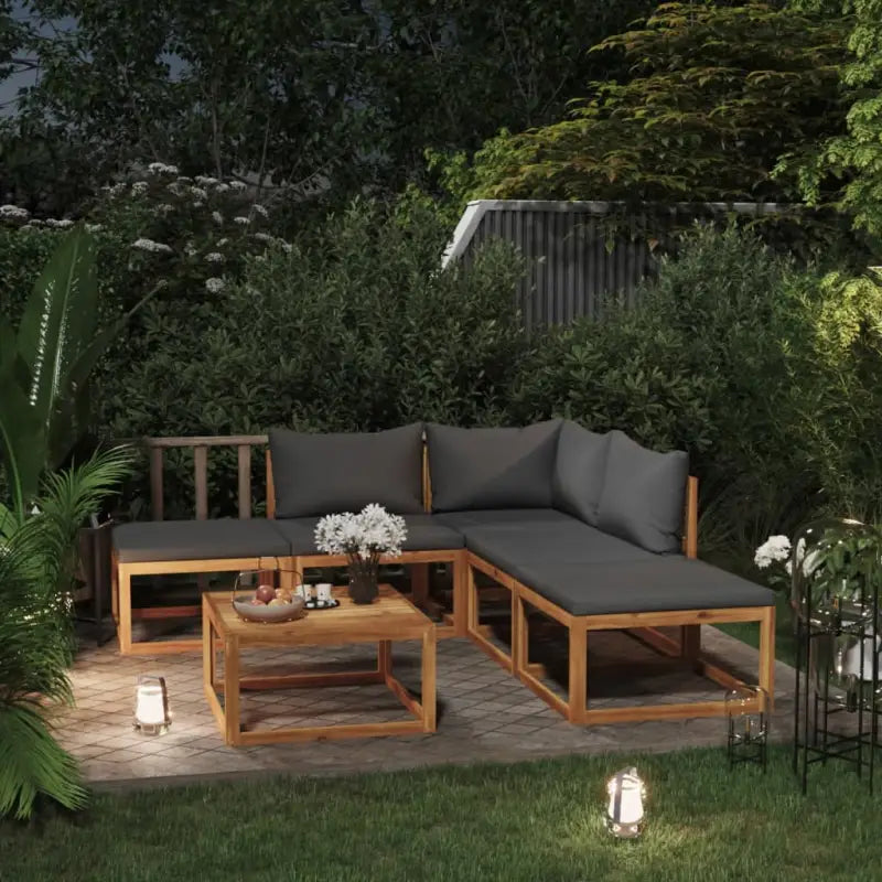 Houten loungeset van massief acaciahout voor de tuin of terras - Donkergrijs / hoek + 2x midden + 2x voetensteun