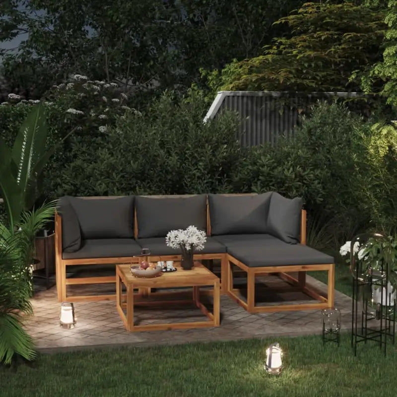 Houten loungeset van massief acaciahout voor de tuin of terras - Donkergrijs / 2x hoek + midden + voetensteun + Tafel