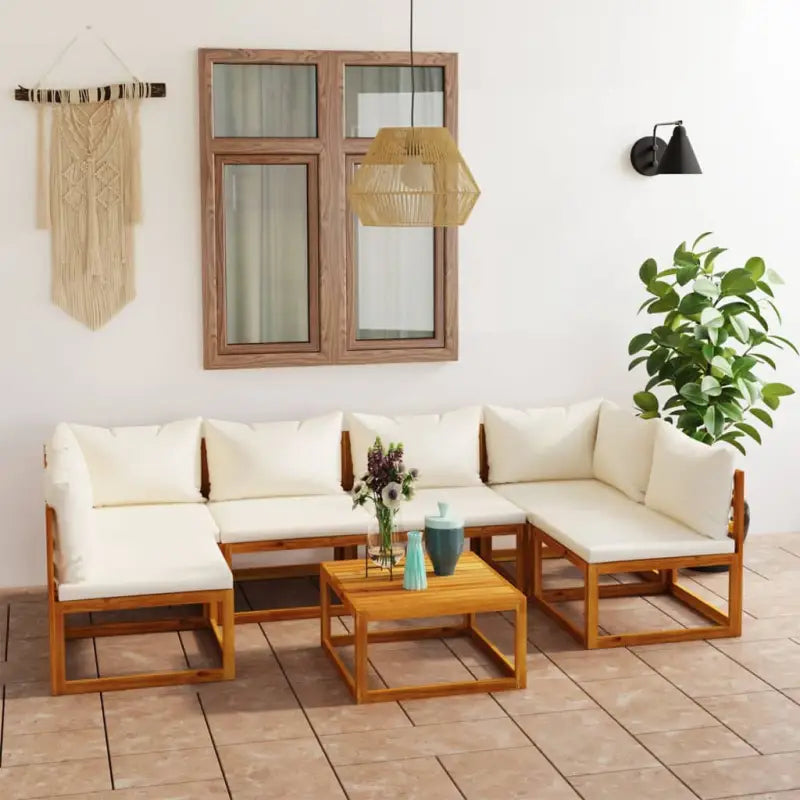 Houten Loungeset van massief acaciahout voor tuinplezier - Crème / 2x hoek + 4x midden + Tafel - Tuinsets