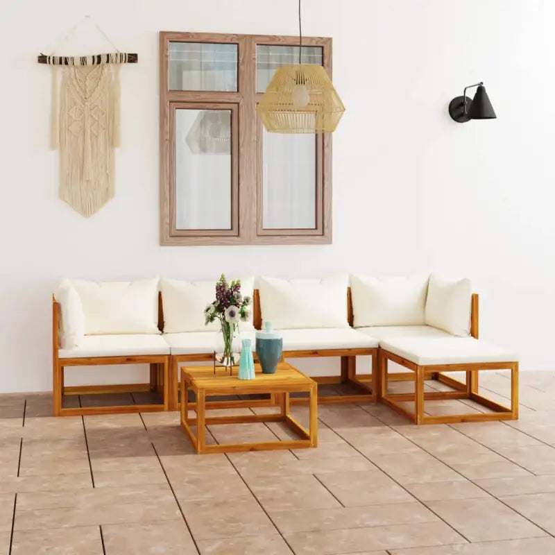 Houten Loungeset van massief acaciahout voor tuinplezier - Crème / 2x midden + 2x hoek + voetensteun + Tafel - Tuinsets