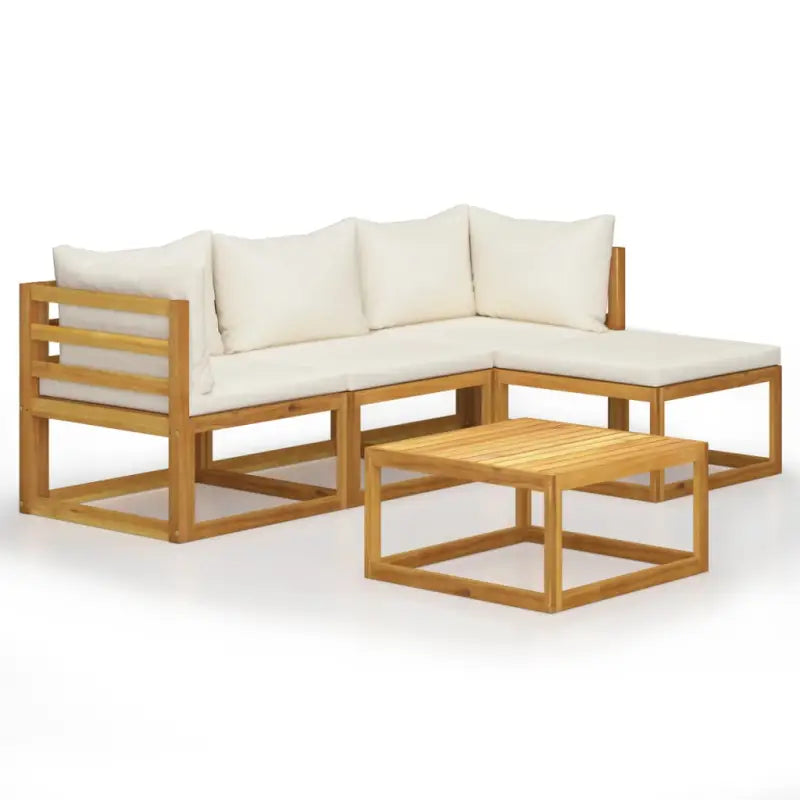 Houten Loungeset van massief acaciahout voor tuinplezier - Crème / 2x hoek + midden + voetensteun + Tafel - Tuinsets