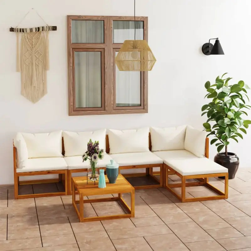 Houten Loungeset van massief acaciahout voor tuinplezier - Crème / 2x hoek + 2x midden + voetensteun + Tafel - Tuinsets