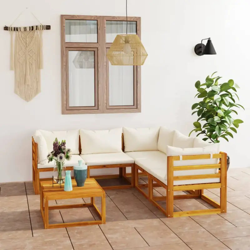Houten Loungeset van massief acaciahout voor tuinplezier - Crème / 2x midden + 3x hoek + Tafel - Tuinsets