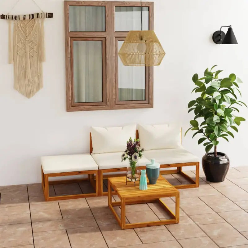 Houten Loungeset van massief acaciahout voor tuinplezier - Crème / 2x midden + voetensteun + Tafel - Tuinsets