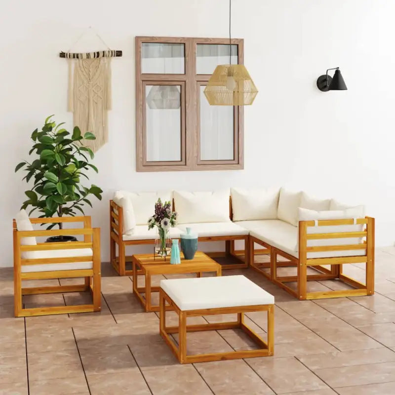Houten Loungeset van massief acaciahout voor tuinplezier - Crème / 3x hoek + 2x midden + Fauteuil + voetensteun + Tafel