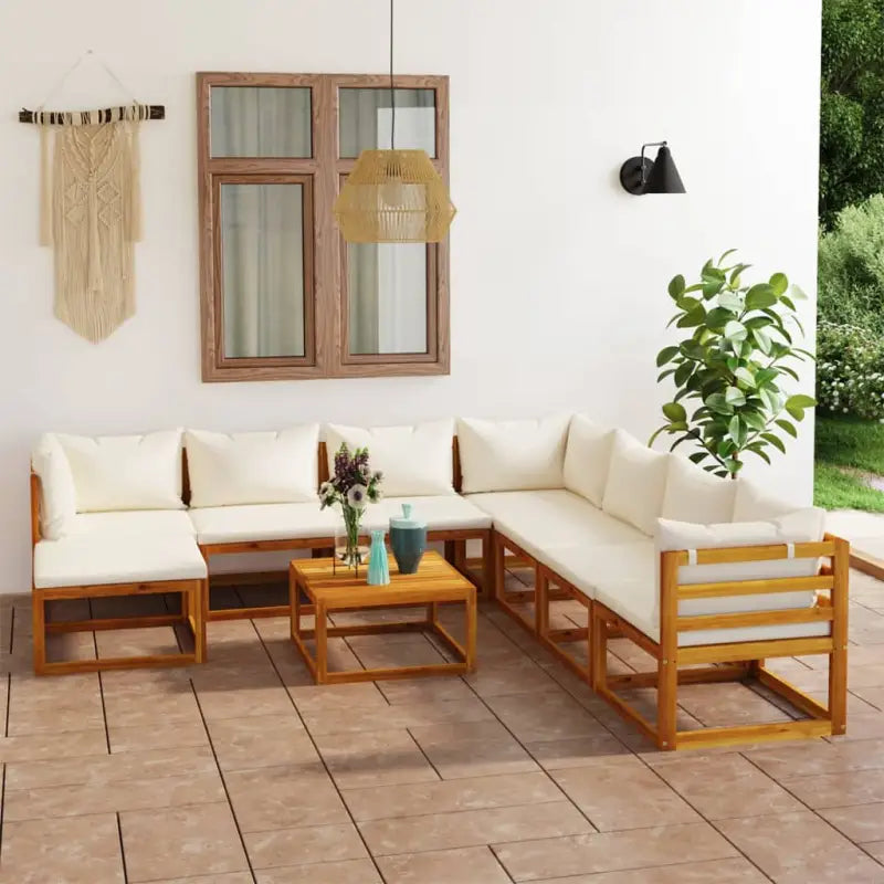 Houten Loungeset van massief acaciahout voor tuinplezier - Crème / 3x hoek + 4x midden + voetensteun + Tafel - Tuinsets