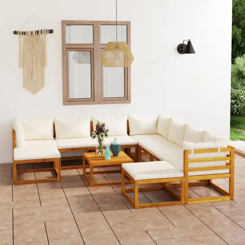 Houten Loungeset van massief acaciahout voor tuinplezier - Crème / 3x hoek + 5x midden + 2x voetensteun + Tafel