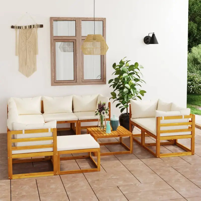 Houten Loungeset van massief acaciahout voor tuinplezier - Crème / 5x hoek + 3x midden + voetensteun + Tafel - Tuinsets