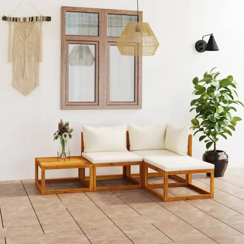Houten Loungeset van massief acaciahout voor tuinplezier - Crème / midden + hoek + voetensteun + Tafel - Tuinsets