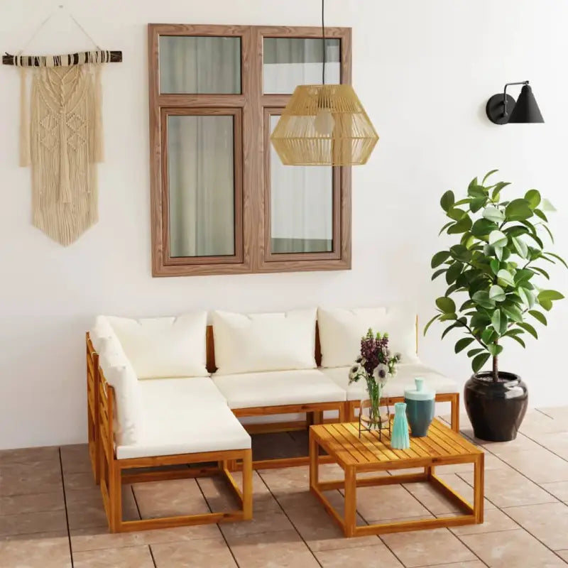 Houten Loungeset van massief acaciahout voor tuinplezier - Crème / hoek + 3x midden + Tafel - Tuinsets