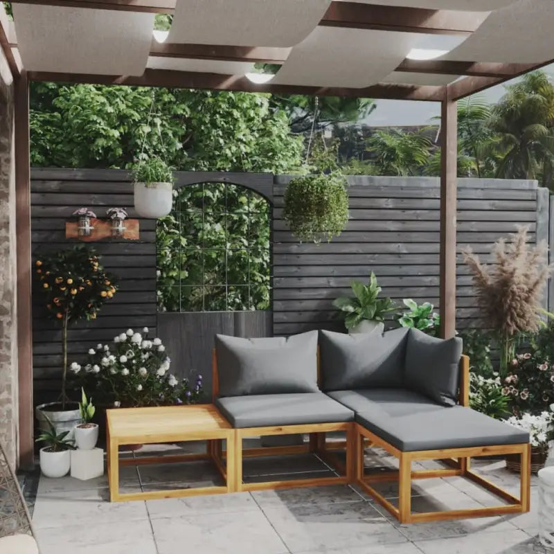 Houten Loungeset van massief acaciahout voor tuinplezier - Donkergrijs / midden + hoek + voetensteun + Tafel - Tuinsets