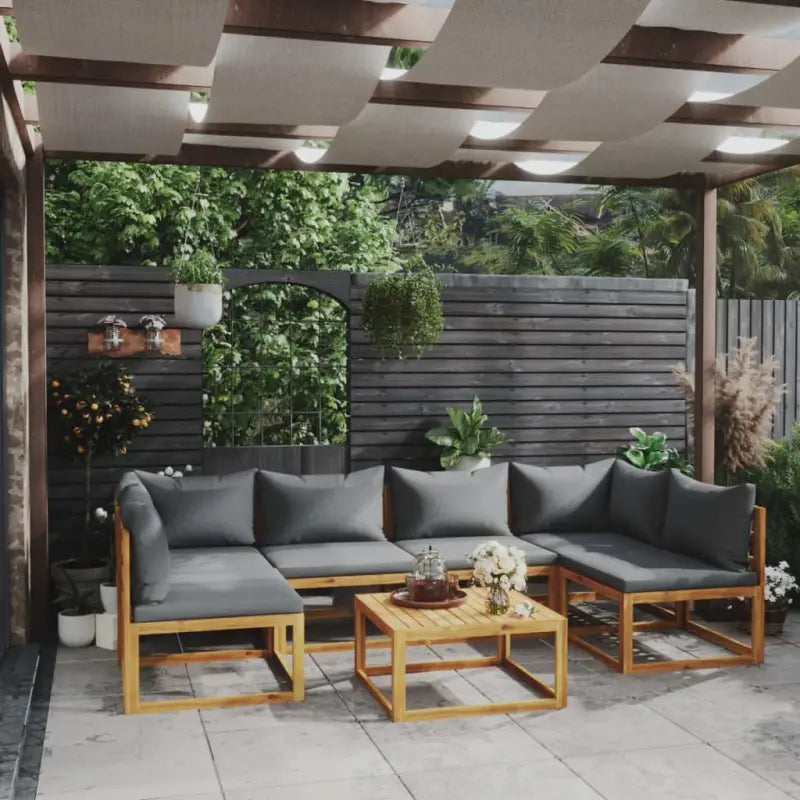 Houten Loungeset van massief acaciahout voor tuinplezier - Donkergrijs / 2x hoek + 4x midden + Tafel - Tuinsets