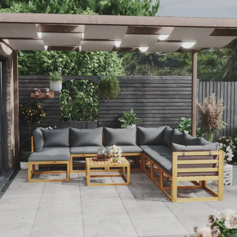 Houten Loungeset van massief acaciahout voor tuinplezier - Donkergrijs / 3x hoek + 4x midden + voetensteun + Tafel