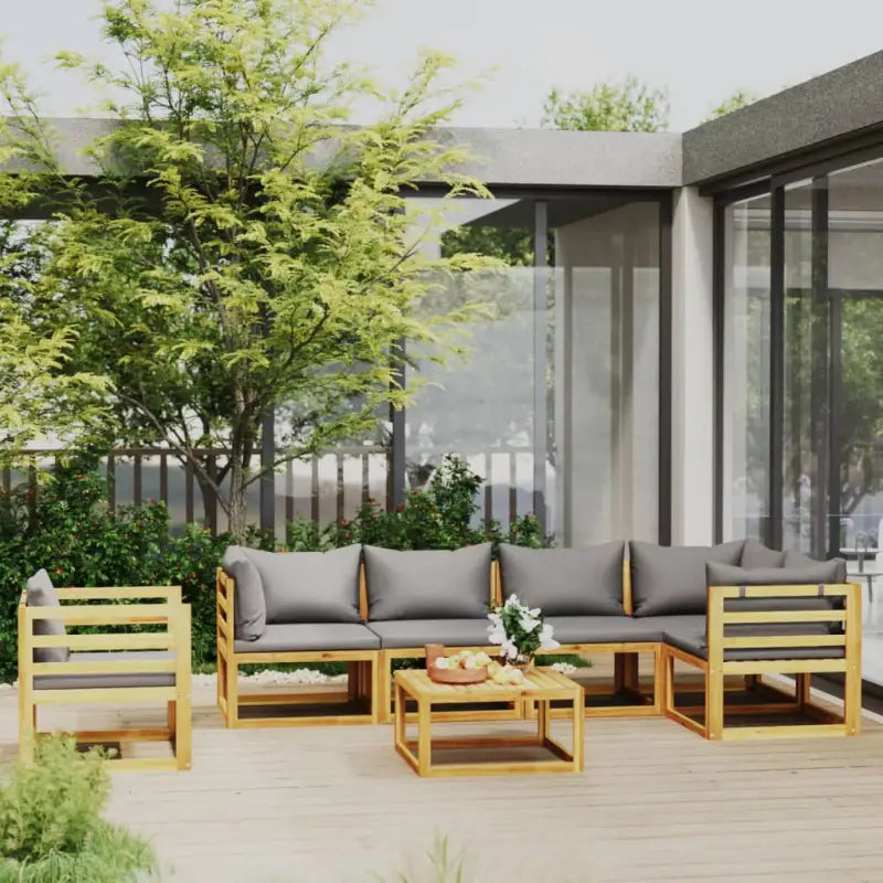 Houten Loungeset van massief acaciahout voor tuinplezier - Donkergrijs / 3x hoek + 2x midden + Fauteuil + Tafel
