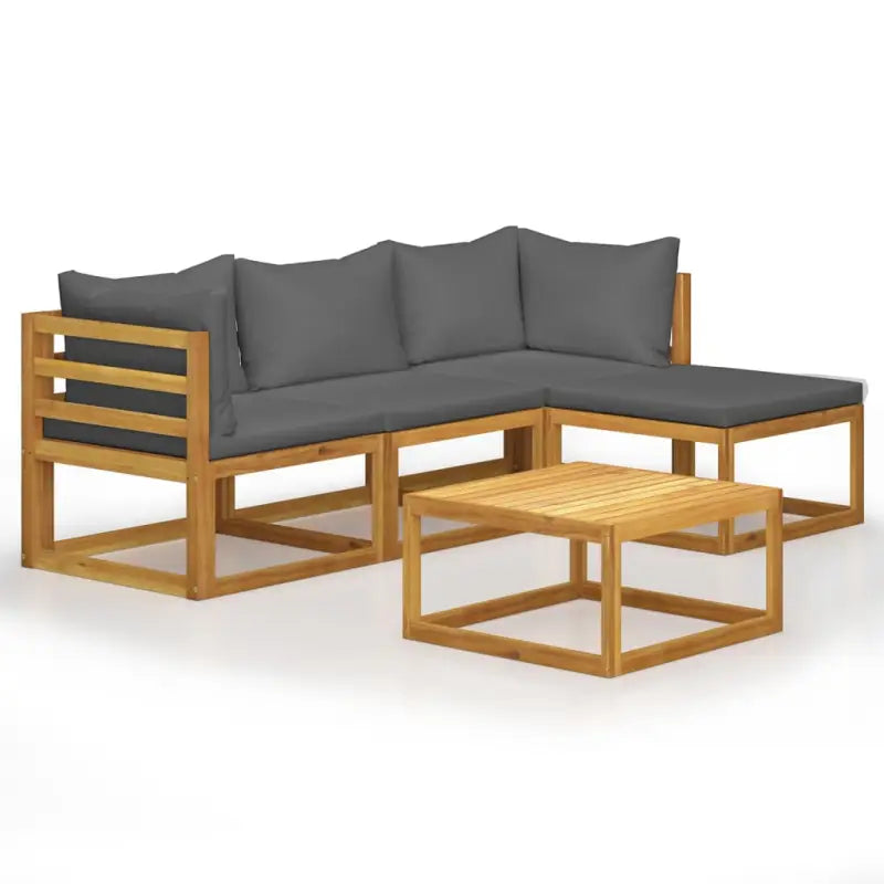 Houten Loungeset van massief acaciahout voor tuinplezier - Donkergrijs / 2x hoek + midden + voetensteun + Tafel