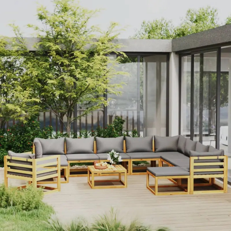 Houten Loungeset van massief acaciahout voor tuinplezier - Donkergrijs / 3x hoek + 5x midden + Fauteuil + 2x