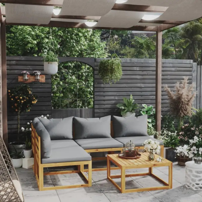 Houten Loungeset van massief acaciahout voor tuinplezier - Donkergrijs / hoek + 3x midden + Tafel - Tuinsets