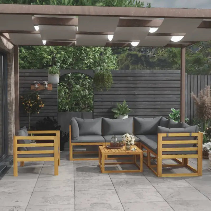 Houten Loungeset van massief acaciahout voor tuinplezier - Donkergrijs / 2x midden + 3x hoek + Fauteuil + Tafel