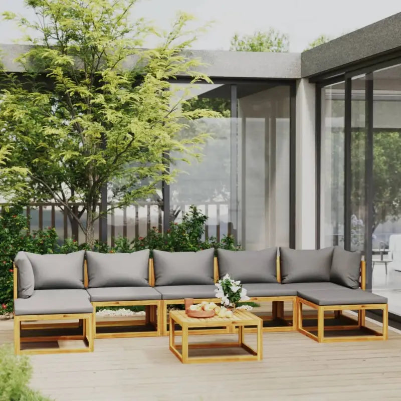 Houten Loungeset van massief acaciahout voor tuinplezier - Donkergrijs / 2x hoek + 4x midden + voetensteun + Tafel