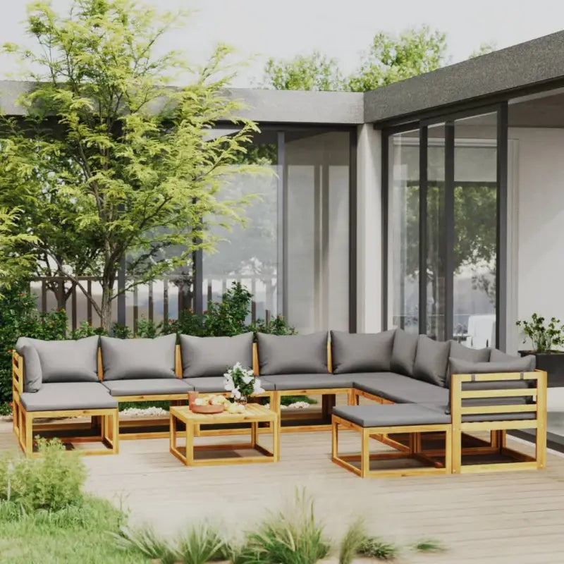 Houten Loungeset van massief acaciahout voor tuinplezier - Donkergrijs / 3x hoek + 5x midden + 2x voetensteun + Tafel