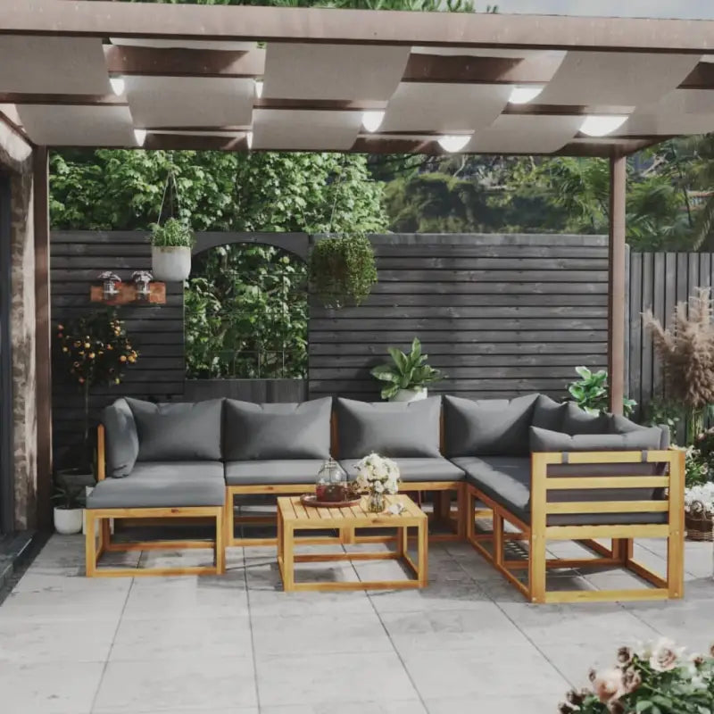 Houten Loungeset van massief acaciahout voor tuinplezier - Donkergrijs / 3x hoek + 3x midden + voetensteun + Tafel