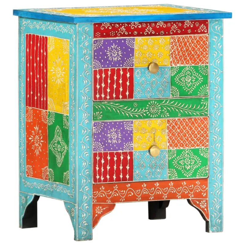 Houten nachtkastje met decoratieve details in massief mangohout - Blauw / 1 - Nachtkastjes