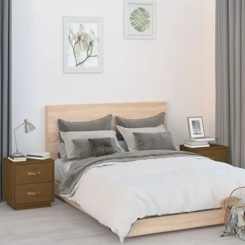 Houten nachtkastje van massief grenenhout voor elke slaapkamer - Honingbruin / 2 - Nachtkastjes
