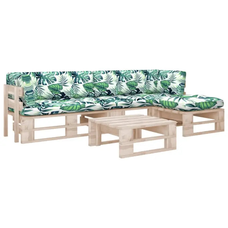 Houten Pallet Loungeset voor Gezelligheid en Ontspanning - Bladpatroon / 2x hoek + voetensteun + Tafel / Bruin