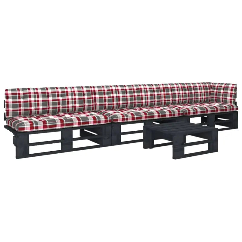 Houten Pallet Loungeset voor Gezelligheid en Ontspanning - Rood ruitpatroon / hoek + 2x midden + Tafel / Zwart