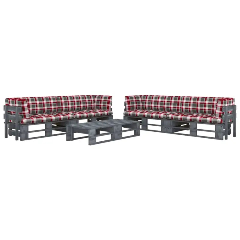 Houten Pallet Loungeset voor Gezelligheid en Ontspanning - Rood ruitpatroon / 4x hoek + 2x Tafel / Grijs - Tuinsets