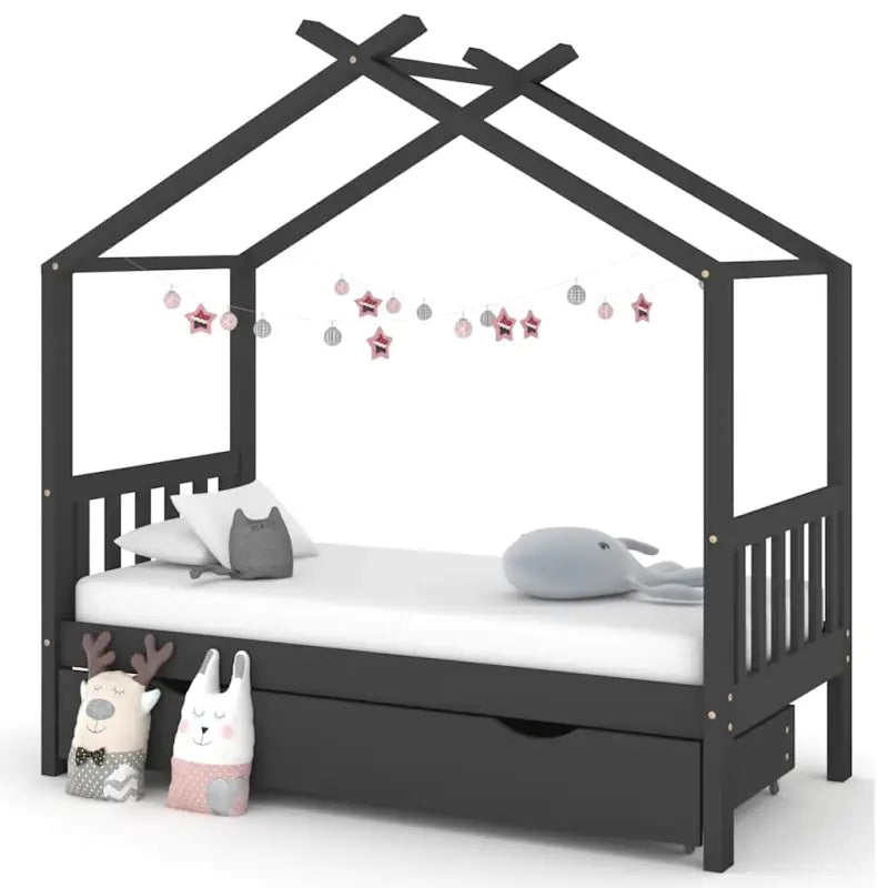 Houten peuterbed met lade in massief grenenhout met boomhut-stijl - Donkergrijs / 80 x 160 cm / 1 lade - Peuter- &