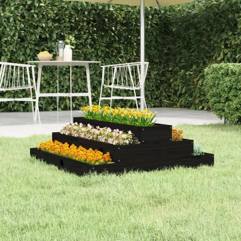 Houten plantenbak met trapsgewijs ontwerp van massief grenenhout - Zwart grenenhout / 80 x 80 x 27 cm / 1 - Bloempotten
