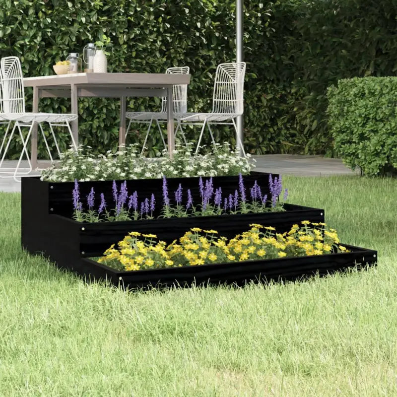 Houten plantenbak van massief grenenhout met trapsgewijs ontwerp - Zwart grenenhout / 78 x 78 x 27 cm / 1 - Bloempotten