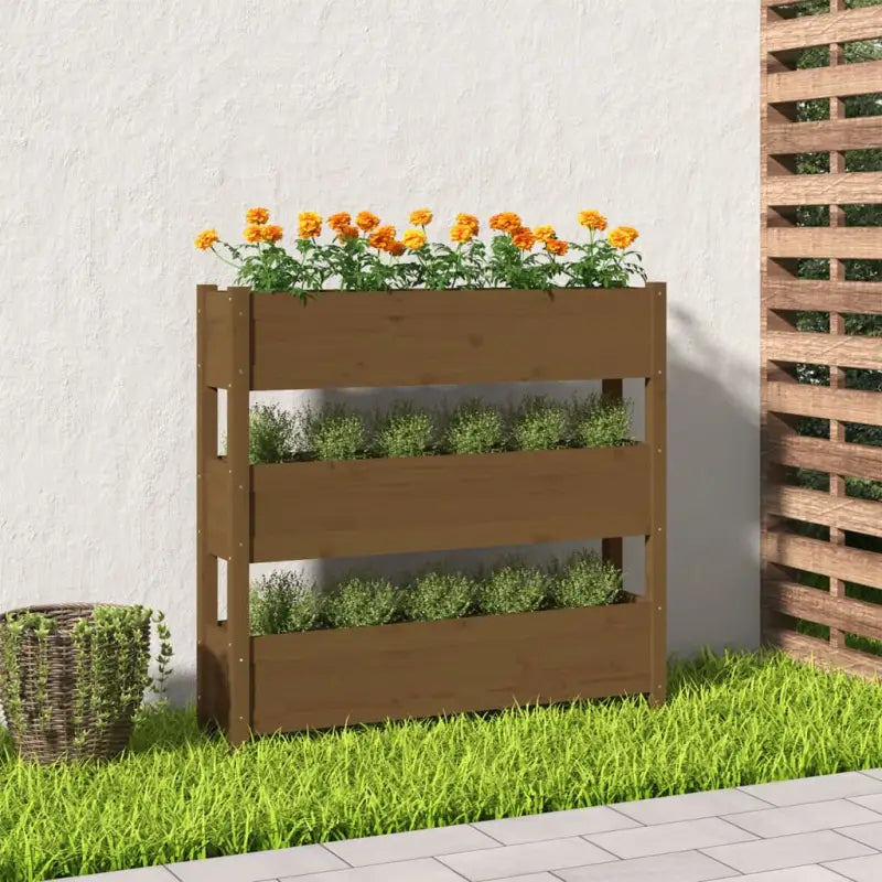 Houten plantenbak van massief grenenhout voor binnen en buiten gebruik - Honingbruin / 112 x 25 x 104.5 cm / 1