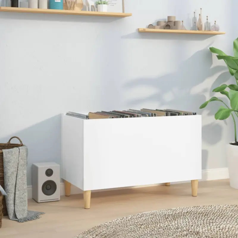 Houten platenkast met hoogglans wit afwerking en bewerkt hout - Cd- & dvd-kasten