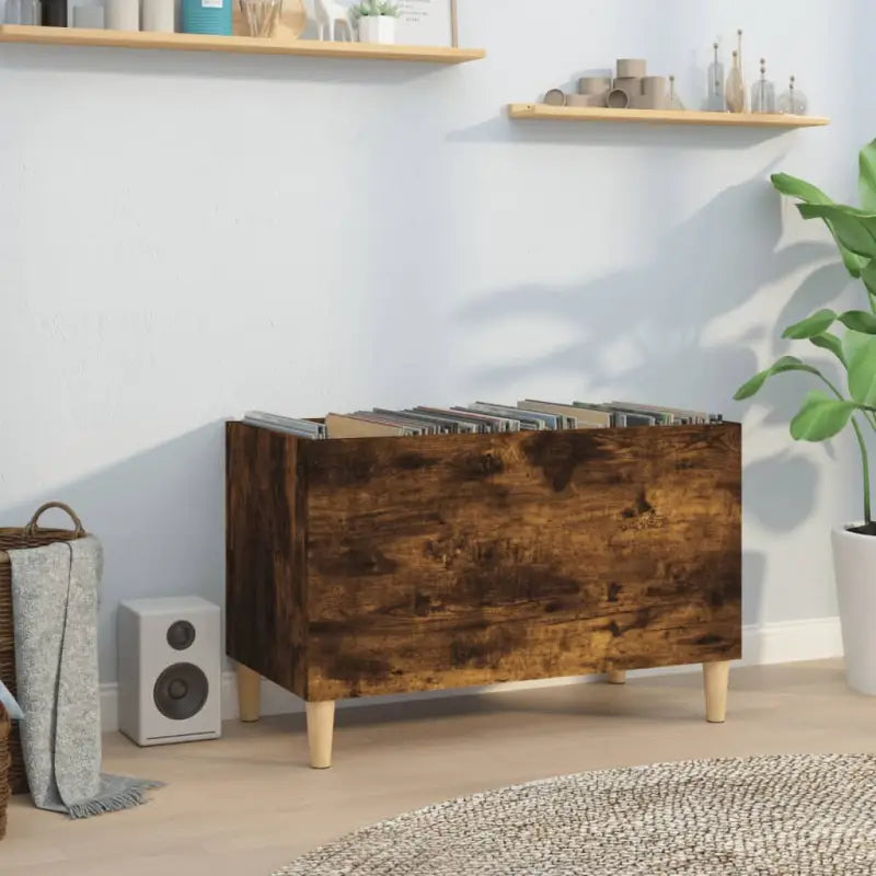 Houten platenkast met hoogglans wit afwerking en bewerkt hout - Gerookt eiken / 1 - Cd- & dvd-kasten