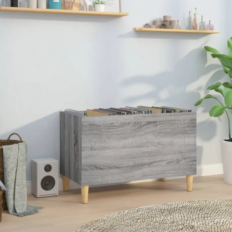 Houten platenkast met hoogglans wit afwerking en bewerkt hout - Grijs sonoma / 1 - Cd- & dvd-kasten