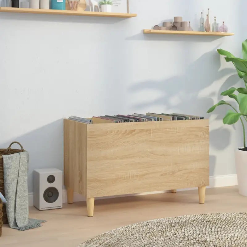 Houten platenkast met hoogglans wit afwerking en bewerkt hout - Sonoma eiken / 1 - Cd- & dvd-kasten