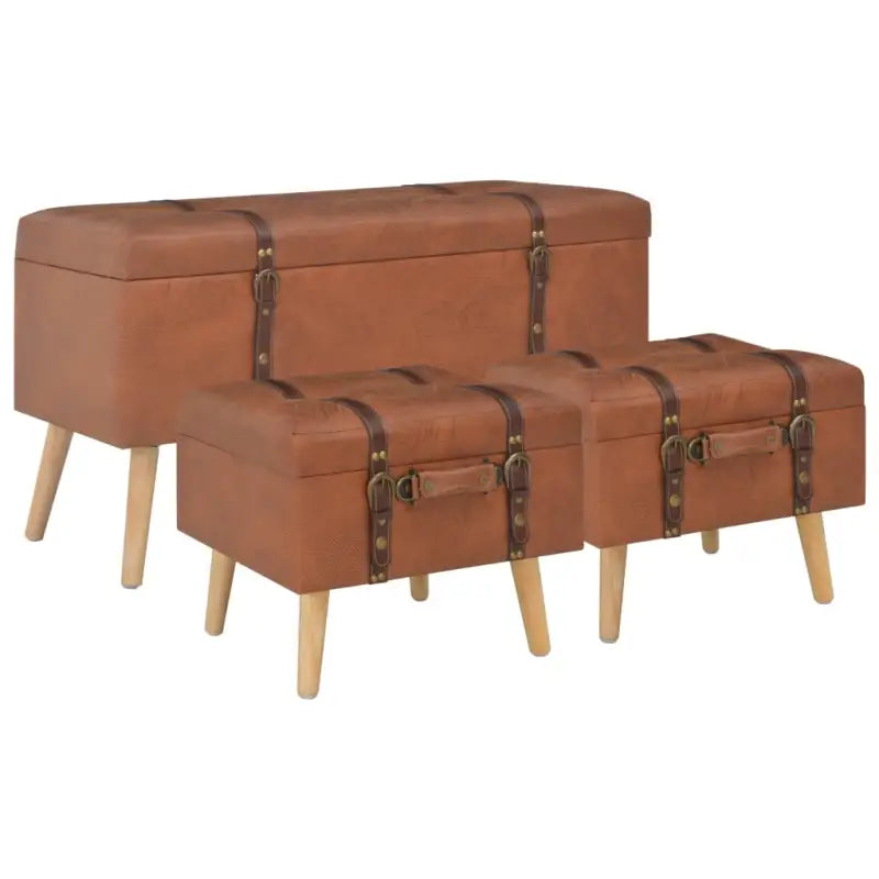 Houten poef met massief houten poten en comfortabel kunstleren bekleding - Tan - Opberg- & halbankjes