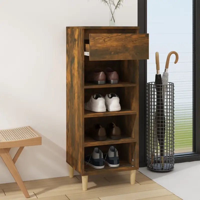 Houten schoenenrek met bewerkt hout en houten poten voor opbergruimte - Gerookt eiken / 1 - Schoenenrekken
