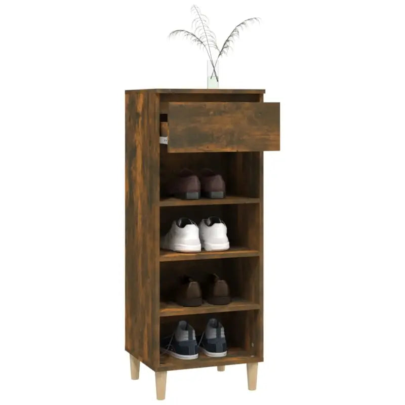 Houten schoenenrek met bewerkt hout en houten poten voor opbergruimte - Gerookt eiken / 1 - Schoenenrekken