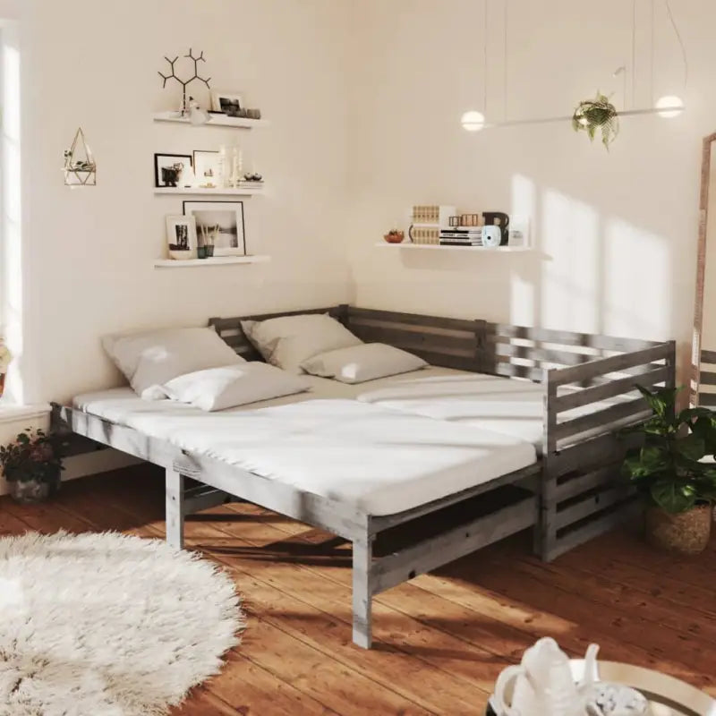 Houten slaapbank van massief grenenhout met comfortabele zit- en slaafunctie - Grijs - Bedden & bedframes