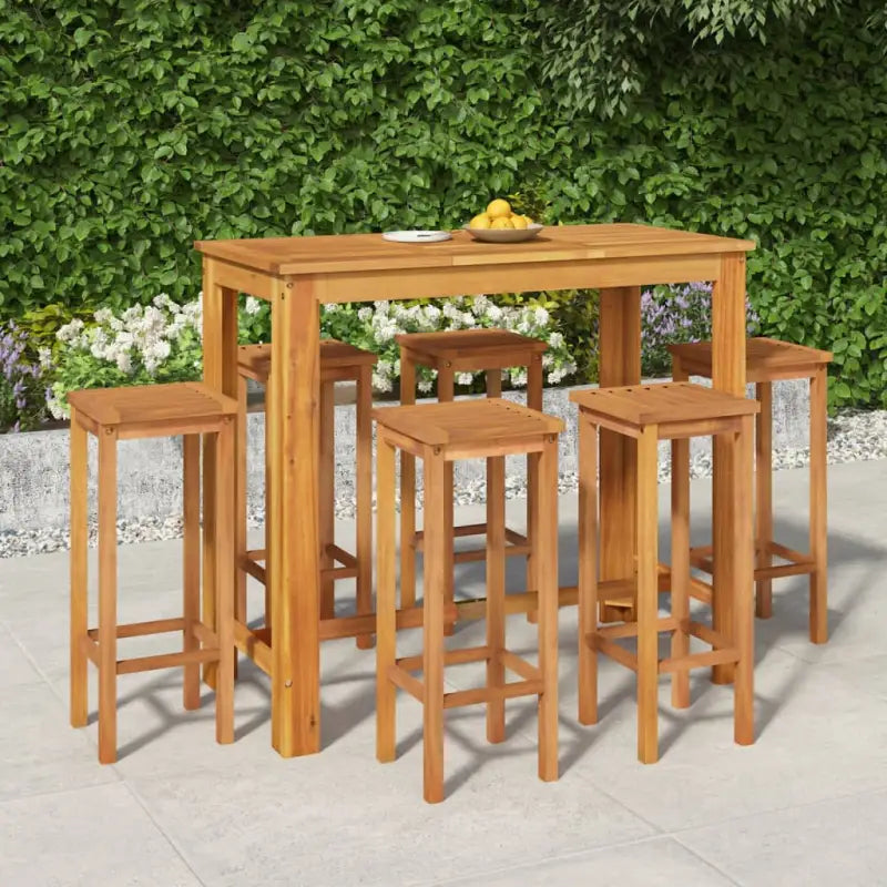 Houten tuinbarset met massief acaciahout en stevig tafelblad - 120 cm tafellengte / Barkrukken met vierkante zitting