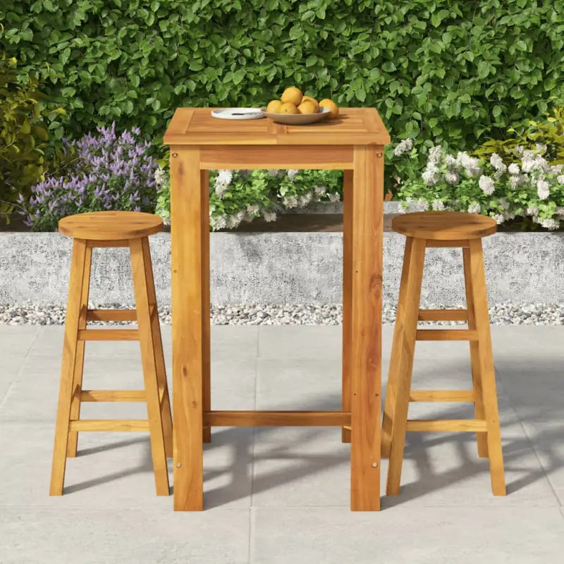 Houten tuinbarset met massief acaciahout en stevig tafelblad - 60 cm tafellengte / Barkrukken met ronde zitting