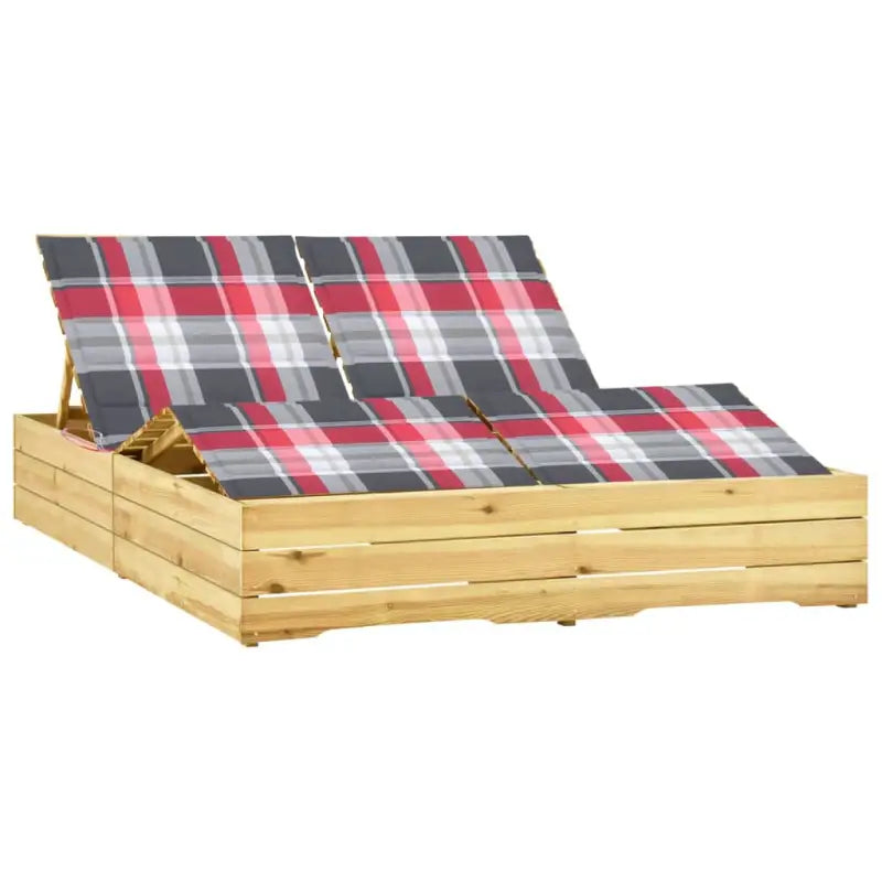Houten tuinbed met kussens voor rustieke buitenstijl - Rood ruitpatroon / 1 - Ligstoelen