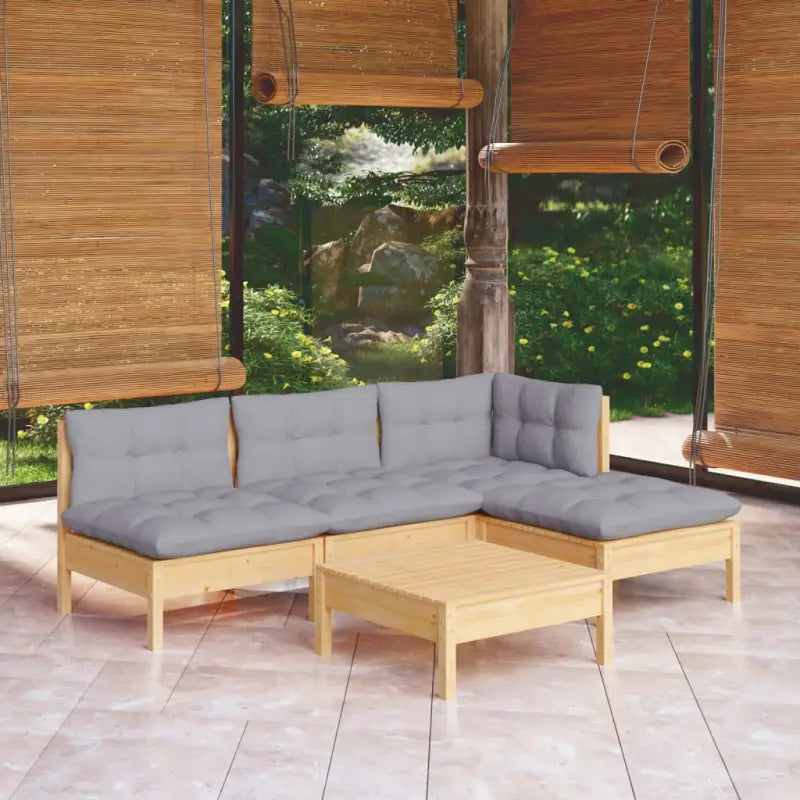 Houten tuinmeubelset met massief grenenhout en comfortabele kussens - Bruin en grijs - Tuinsets